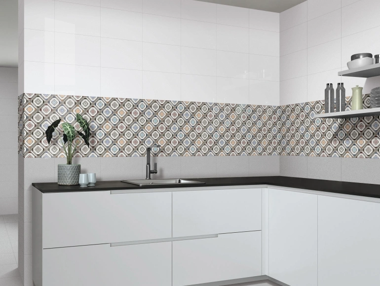 Elegant L shape kitchen design with white cabinets, wood accents, and coffee-themed wall tiles.